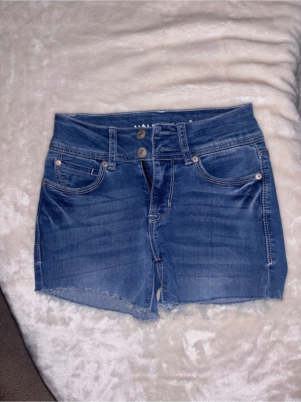 Wallflower Mid-Rise Dark Blue Frayed Hem Denim Shorts